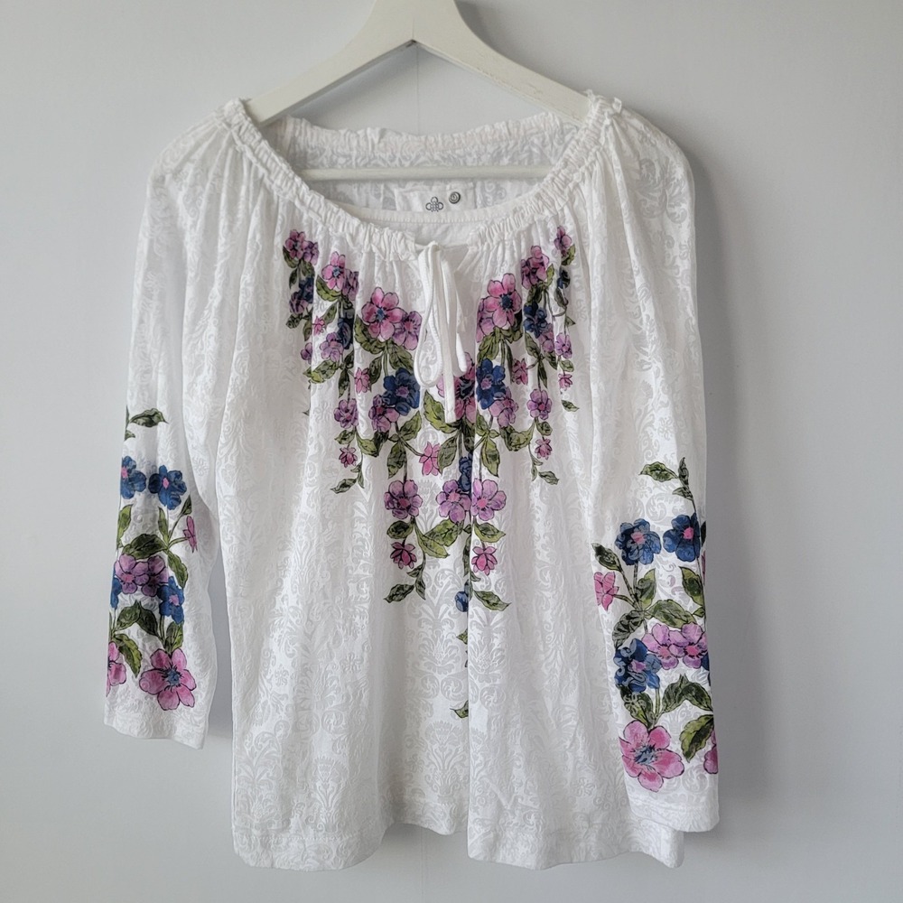 Charter Club women's Floral Peasant Top sz M Burnout tie-neck Lined long sleeve